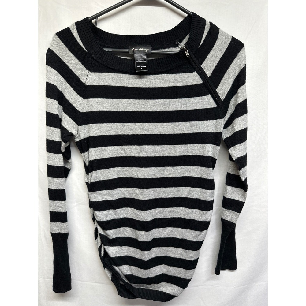 Love Always Black Gray Stripe Long Sleeve Zipper Accent Ruched‎ Sweater Top M